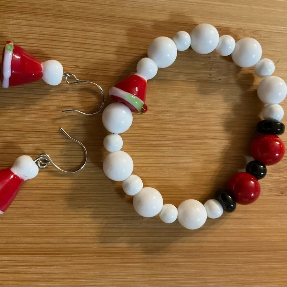 Hand Crafted Santa Claus Hat Earrings and Stretch Bracelet Red White Christmas